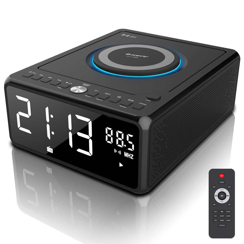 Gelielim Elegant Home CD Player, Alarm Clock with Wireless Charging, Bluetooth Boombox with Remote, FM Radio (No AM)/AUX/USB/Timer/Dimmer, Portable CD Radio Player for Home