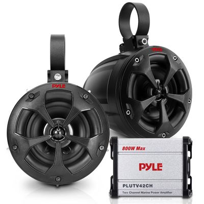 Pyle Waterproof Off-Road Speakers w/ Amplifier - 4" 800W 2-Channel Marine Grade Waketower Speakers System Full Range Outdoor Audio Stereo Speaker for ATV, UTV, Quad, Jeep, Boat - Pyle PLUTV42CH.5