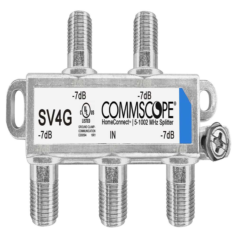 Commscope SV-4G HomeConnect 4-Way Coaxial Cable Splitter 5-1002 MHz CATV 120 dB 75 ohm IndoorOutdoor, Silver