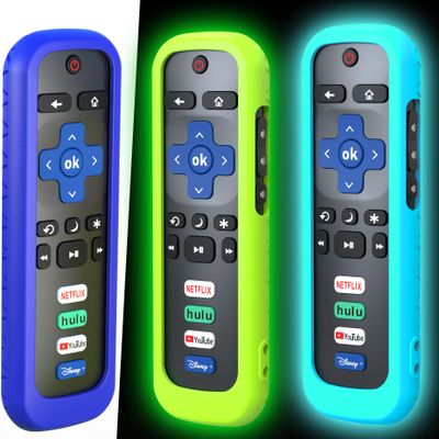 3 Pack Remote Case for Roku, Battery Cover for TCL Smart TV Steaming Stick, Silicone Protective Controller Universal Sleeve Skin Glow in The Dark Green Sky and Blue