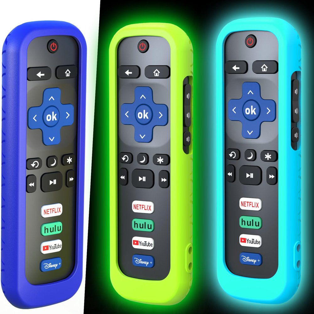 3 Pack Remote Case for Roku, Battery Cover for TCL Smart TV Steaming Stick, Silicone Protective Controller Universal Sleeve Skin Glow in The Dark Green Sky and Blue