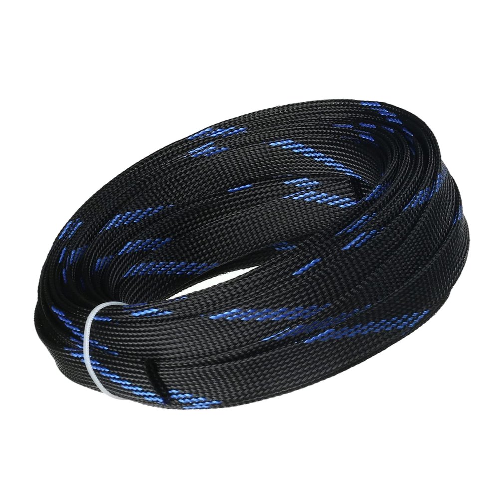 Aicosineg 32.81ft PET Flexible Braided Cable Sleeve 0.62inch Width Wire Loom Sleeving and Organizer Flexible Wire Mesh Sleeve for TV Audio PC Cords from Pets Chewing Black and Blue