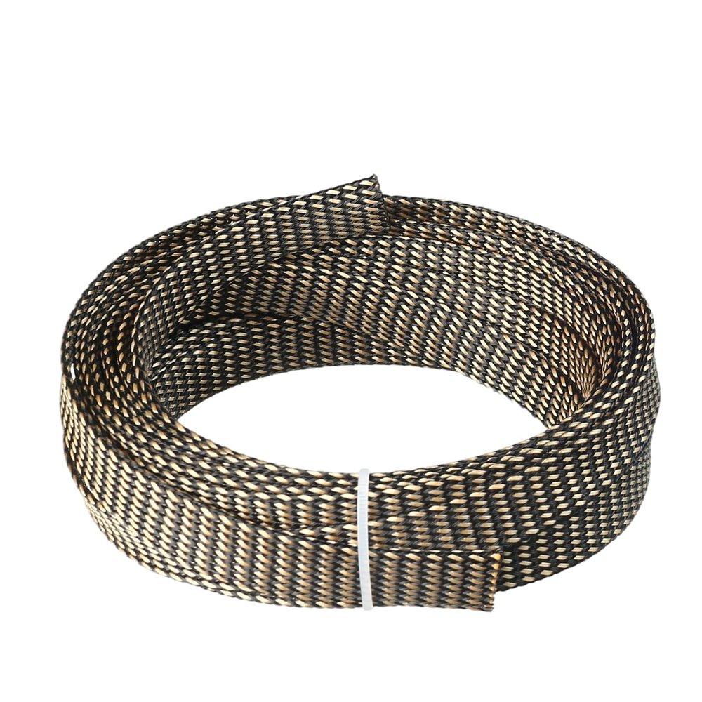 Aicosineg 16.4ft PET Flexible Braided Cable Sleeve 0.55inch Width Wire Loom Sleeving and Organizer Flexible Wire Mesh Sleeve Wrap Protector for TV Audio PC Cords from Pets Chewing Black and Gold