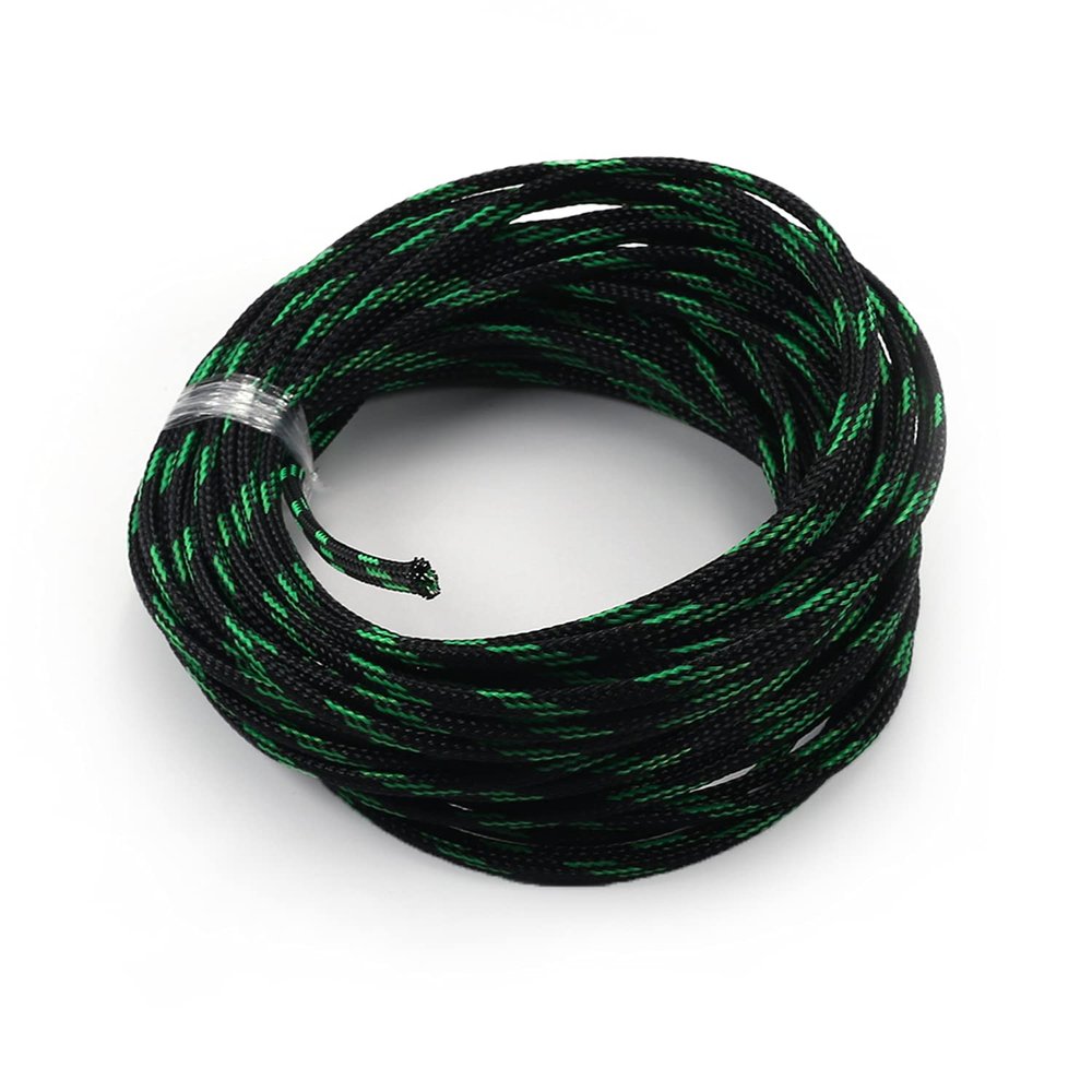 Aicosineg Black and Fluorescent Green PET Braided Sleeving 32.81 Ft Length 0.16 Inch Flat Width Cable Sleeve for Protect Cable 1Pcs