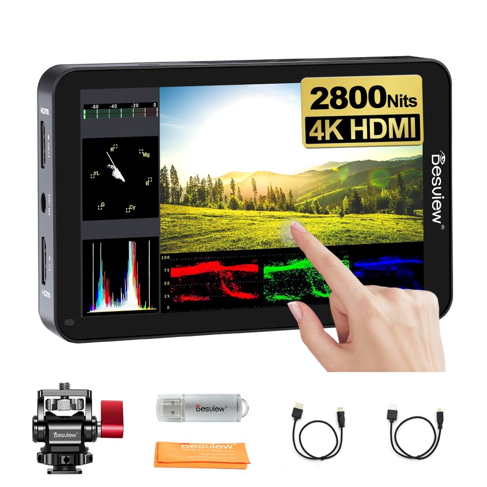 Desview R6 Camera Field Monitor, 5.5 inch Touch Screen 2800nits Ultra Brightness Full HD 1920x1080 IPS Panel with HDR 3D LUT Waveform Peaking 4K HDMI in/Out 8V DC Output on DSLR