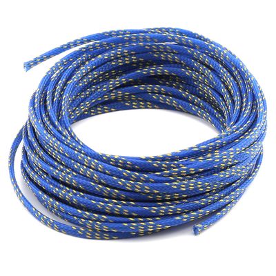 Aicosineg Cable Sleeve Braided Sleeving PET Wire Loom Tubing Cable 32.81ft-1/6inch Wrap Protector for HiFi Audio and Video Headphone Cable Protect Wires from Chewing of Pets Blue and Gold