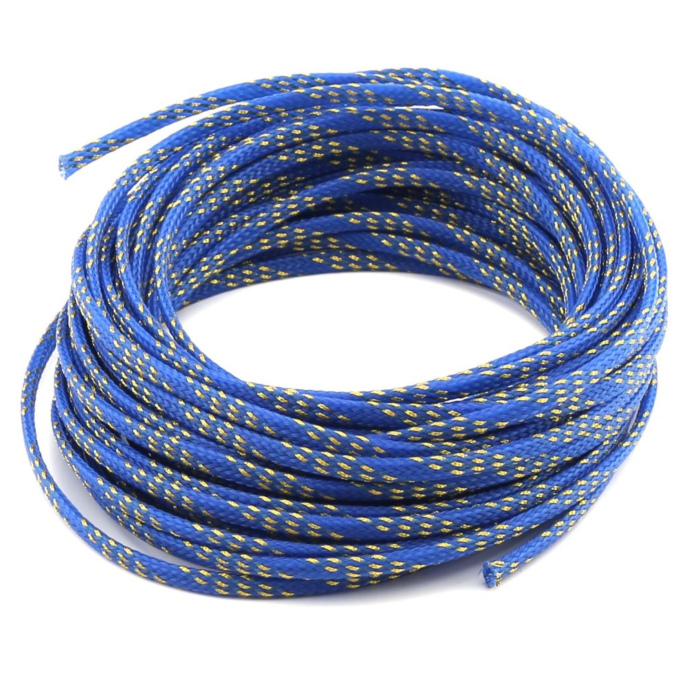 Aicosineg Cable Sleeve Braided Sleeving PET Wire Loom Tubing Cable 32.81ft-1/6inch Wrap Protector for HiFi Audio and Video Headphone Cable Protect Wires from Chewing of Pets Blue and Gold