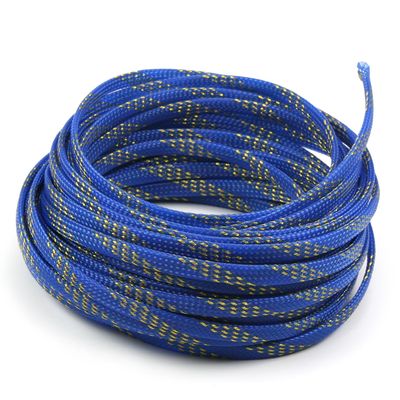 Aicosineg 32.81ft PET Flexible Braided Cable Sleeve 0.25inch Width Wire Loom Sleeving and Organizer Flexible Wire Mesh Sleeve Wrap Protector for TV Audio PC Cords from Pets Chewing Blue and Gold