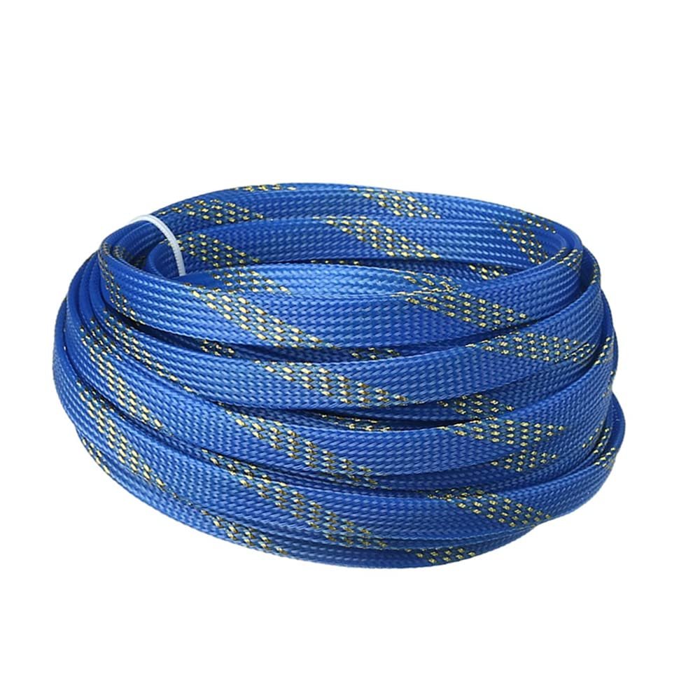 Aicosineg Cable Sleeve Braided Sleeving PET Wire Loom Tubing Cable 32.81ft-2/5inch Wrap Protector for HiFi Audio and Video Headphone Cable Protect Wires from Chewing of Pets Blue and Gold