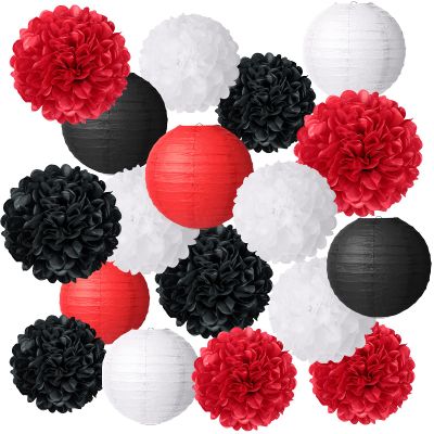 18 Pieces Round Paper Lanterns and Tissue Paper Flowers Assorted Decorative Round Chinese Lanterns Decorative Pom Poms Flowers for Wedding Birthday Party Decoration, Black, White and Red