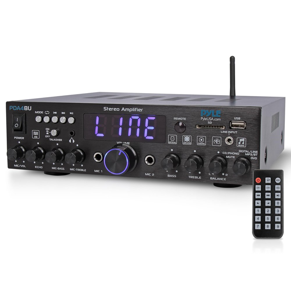 Pyle Wireless Bluetooth Home Stereo Amplifier- Multi-Channel, 200W Power Amplifier, Home Audio Receiver System w/ Optical/ Phono/ Coaxial, FM Radio, USB/SD,AUX, RCA, Mic in, Antenna, Remote- PDA4BU.5