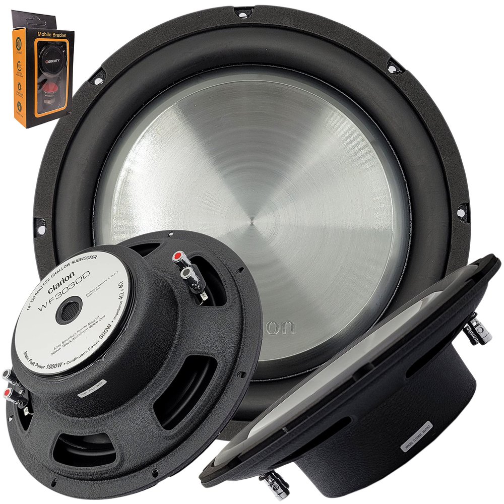 Clarion WF3030D 1000 Watts Maximum Power Handling 12" Dual 4Ohm Voice Coil Shallow-Mount Car Audio Subwoofer with (One) Gravity Magnet Phone Holder Bundle