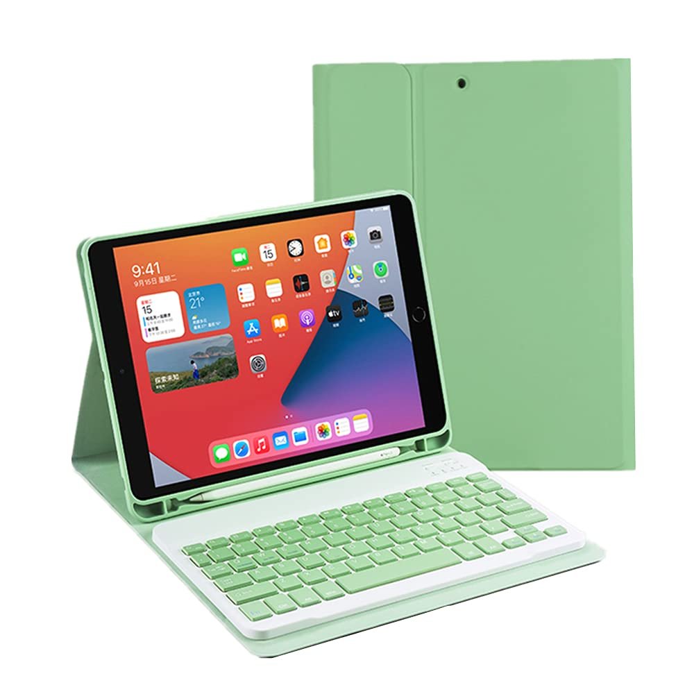 Keyboard case for iPad 10.2 inch, 7th 8th 9th Generation Bluetooth Keyboard Detachable Slim Folio Leather case iPad Air3 Pro10.5 inch case with Pencil Holder Color keycapLight Green