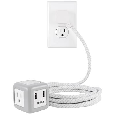 Philips Cube Extension Cord, 10 Ft, 3-Outlet Flat Plug Cube Cord with Multiple Outlets, 3 Prong Cube Extension Cord, 2 USB Ports, Gray/White, SPS3102WB/37