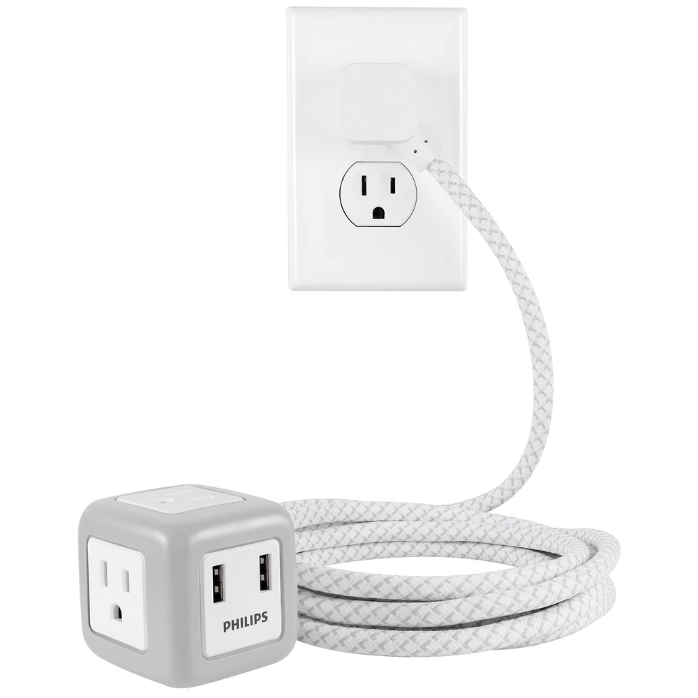 Philips Cube Extension Cord, 10 Ft, 3-Outlet Flat Plug Cube Cord with Multiple Outlets, 3 Prong Cube Extension Cord, 2 USB Ports, Gray/White, SPS3102WB/37