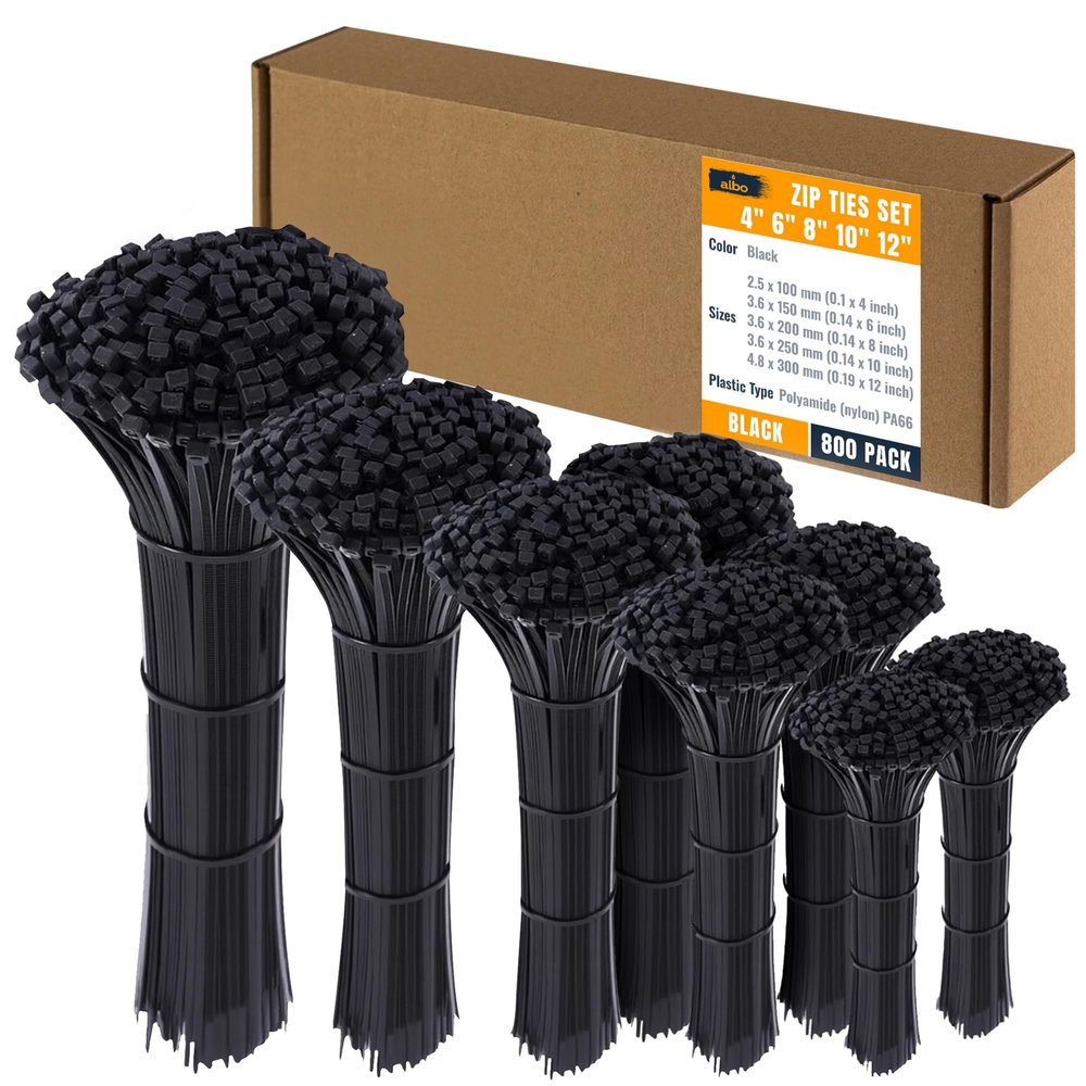 ALBO Black Zip Ties Assorted Sizes 800 Pack 4+6+8+10+12 Inch Plastic Black Cable Ties Wire Tie UV Resistant Nylon Tie Wraps Assorted Sizes