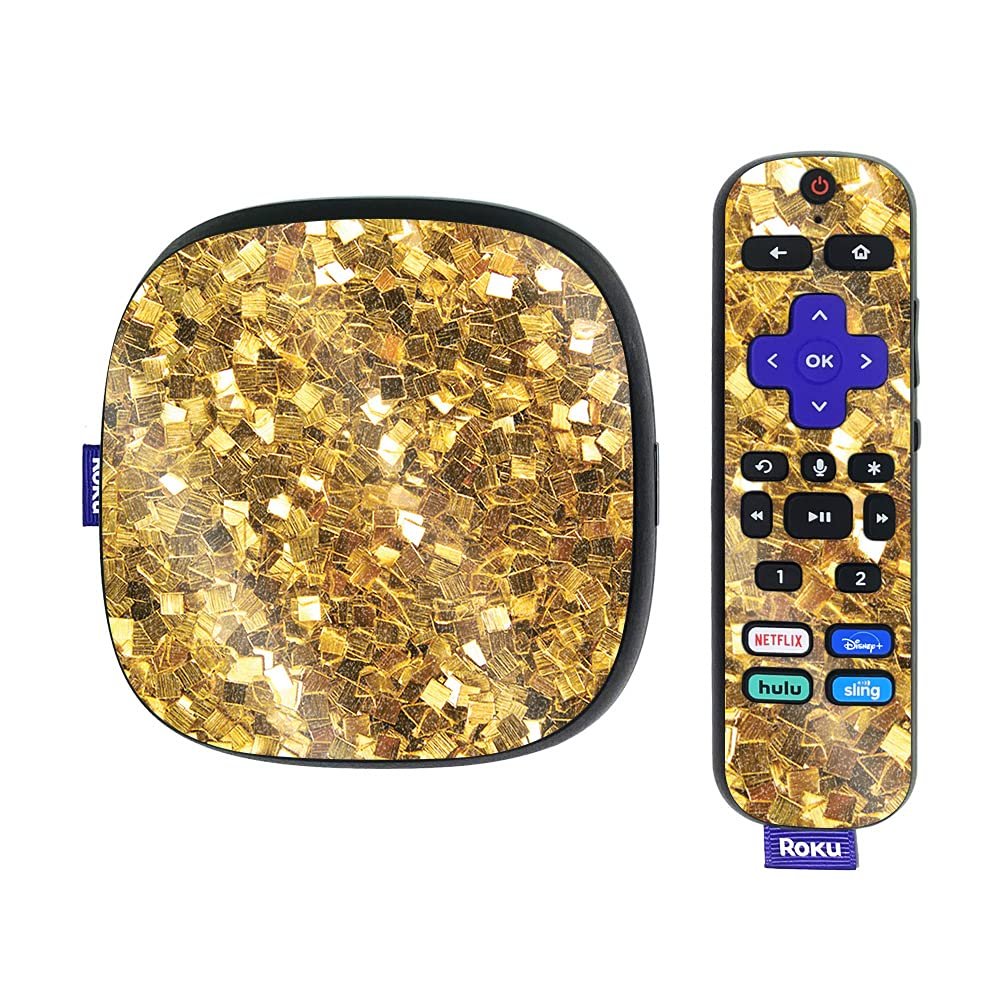 MightySkins Glossy Glitter Skin Compatible with Roku Ultra HDR 4K Streaming Media Player (2020) - Gold Chips | Protective, Durable High-Gloss Glitter Finish | Easy to Apply | Made in The USA