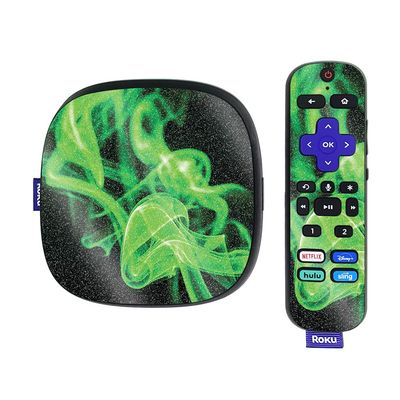 MightySkins Glossy Glitter Skin Compatible with Roku Ultra HDR 4K Streaming Media Player (2020) - Green Flames | Protective, Durable High-Gloss Glitter Finish | Easy to Apply | Made in The USA