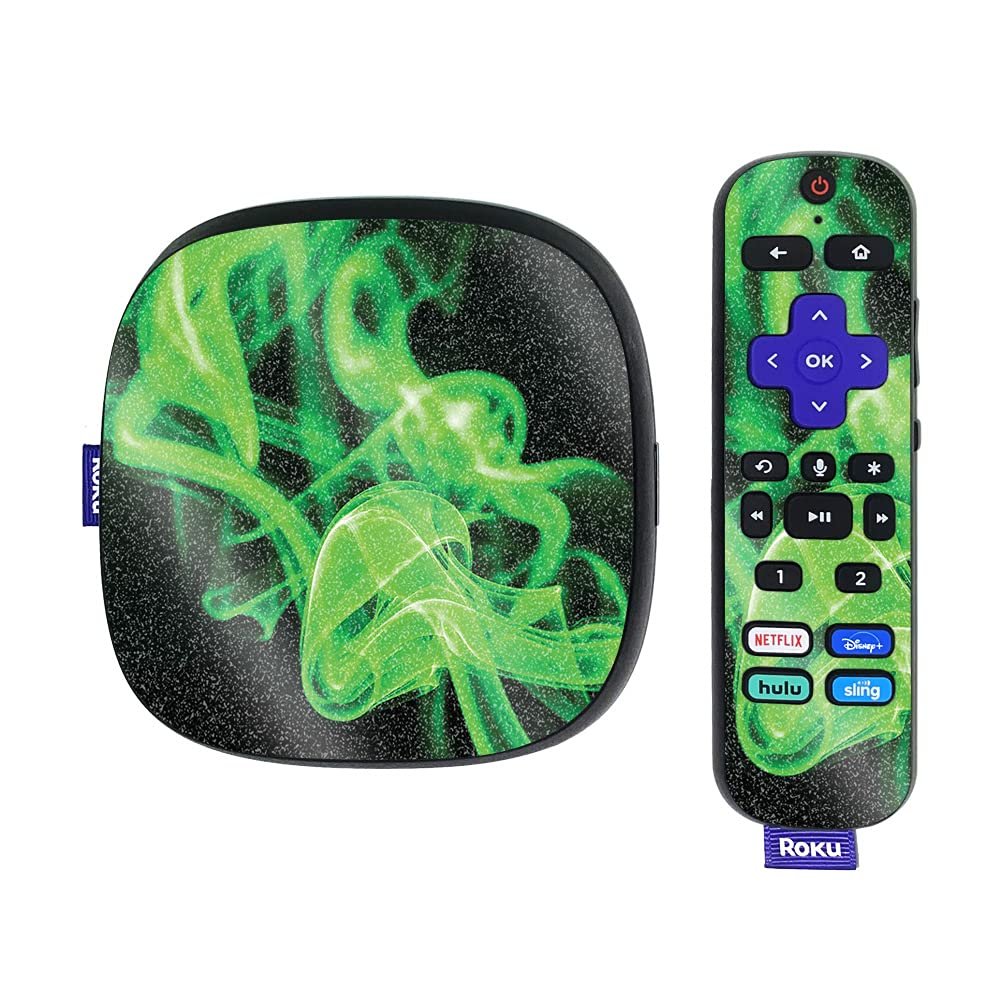MightySkins Glossy Glitter Skin Compatible with Roku Ultra HDR 4K Streaming Media Player (2020) - Green Flames | Protective, Durable High-Gloss Glitter Finish | Easy to Apply | Made in The USA