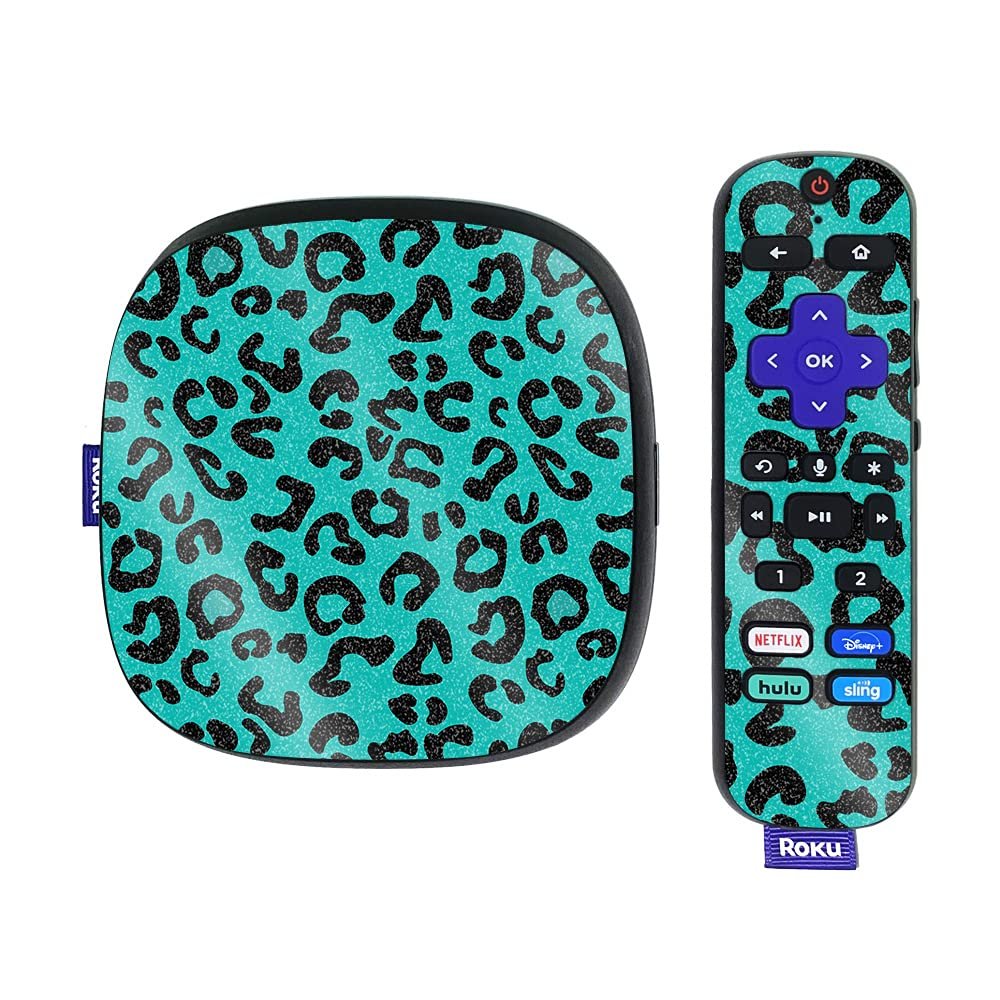 MightySkins Glossy Glitter Skin Compatible with Roku Ultra HDR 4K Streaming Media Player (2020) - Teal Leopard | Protective, Durable High-Gloss Glitter Finish | Easy to Apply | Made in The USA