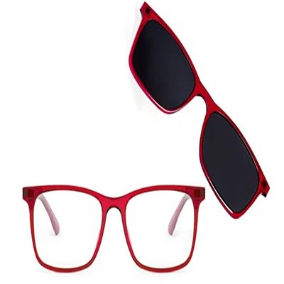 BlueDuo Cruise- Premium Square Blue Light Blocking Glasses with Magnetic Sunglass Clip On Bundle for Women and Men - Anti Eye Strain, Eye Protection - Crimson Tide