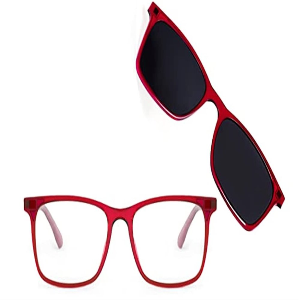 BlueDuo Cruise- Premium Square Blue Light Blocking Glasses with Magnetic Sunglass Clip On Bundle for Women and Men - Anti Eye Strain, Eye Protection - Crimson Tide