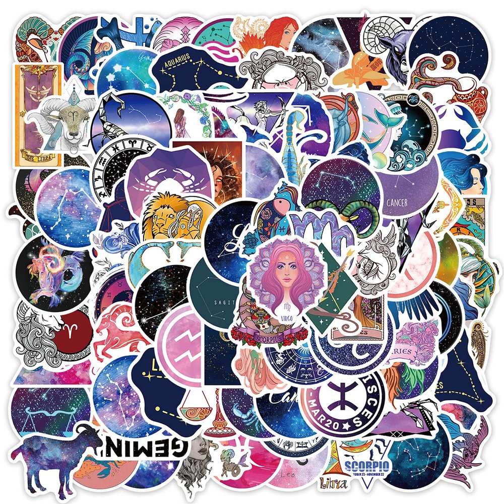 100PCs Constellation Zodiac Stickers, Twelve Signs Waterproof Vinyl Decals, Stickers for Laptop, Waterbottle, Phone, Skateboard, Guitar, Helmet, Decals as DIY Gifts & Party Favors (Zodiac)