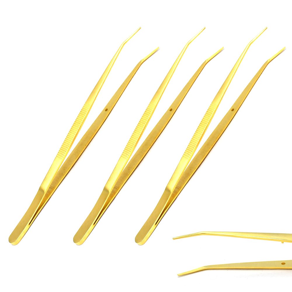 OdontoMed2011 Set of 3 Pcs Gold Plated Color Stainless Steel Tweezers  Heavy Pattern Precision Grade Curved Tip Forceps Tweezers with Serrated Tip and Knurled Handle