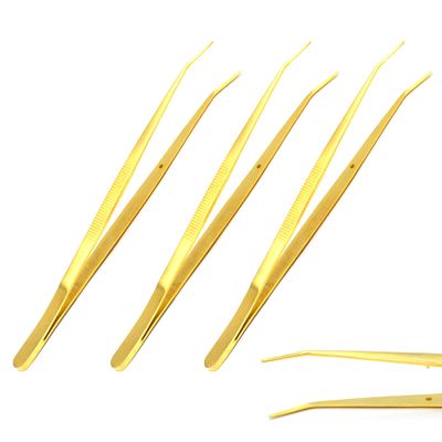 OdontoMed2011 Set of 3 Pieces 6.25 Inch Stainless Steel 'Gold Plated Color Tweezers with Curved Serrated Tip Multipurpose Forceps for Craft Repairing Pack