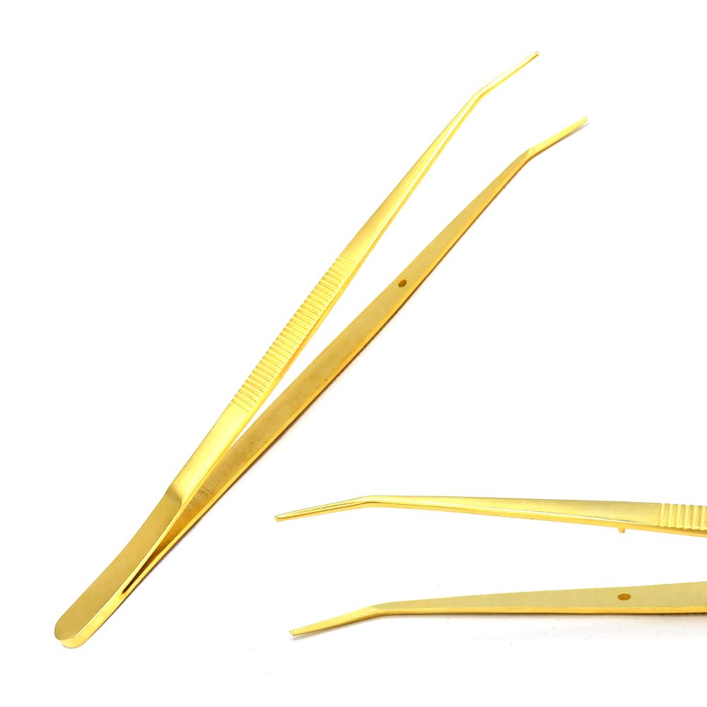 OdontoMed2011 Gold Plated Color 6-inch Sewing Machine Tweezers Serrated Bent Tips | Professional Grade, High Precision | Stainless Steel