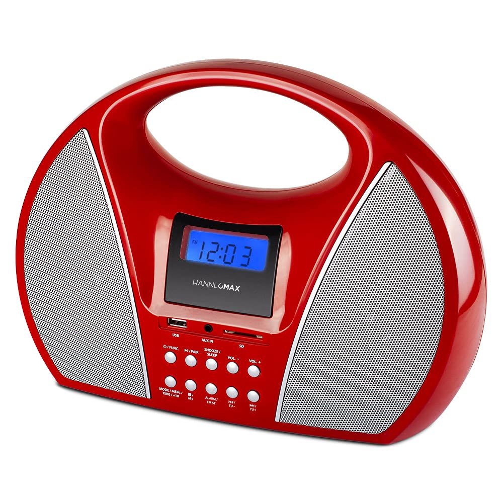 HANNLOMAX HX-510R Portable AM/FM Radio with USB/SD Port for MP3 Playback, Bluetooth and Aux-in (Red)