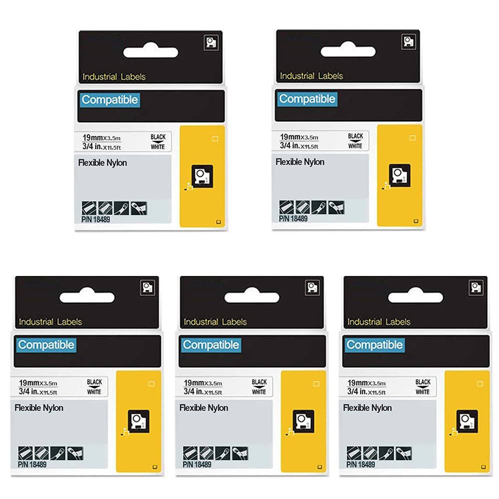 18489 Flexible Nylon Label Tapes Replacement for Dymo Rhino 3/4'' Black on White Industrial Tapes Work for Dymo Rhino 4200 5200 5000 6000 Industrial Label Maker for Wires, Cables, 5-Pack