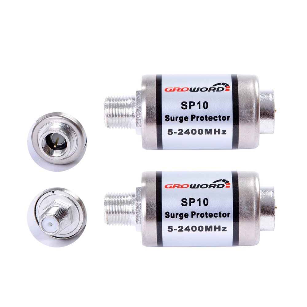 groword Coaxial Surge Lightning Protector for Coaxial TV Antenna and Satellite in-Line 75 Ohm 5-2500MHz, 2 Pack Hum/Buzz/Noise Eliminator,Low Loss (5-2400MHz)