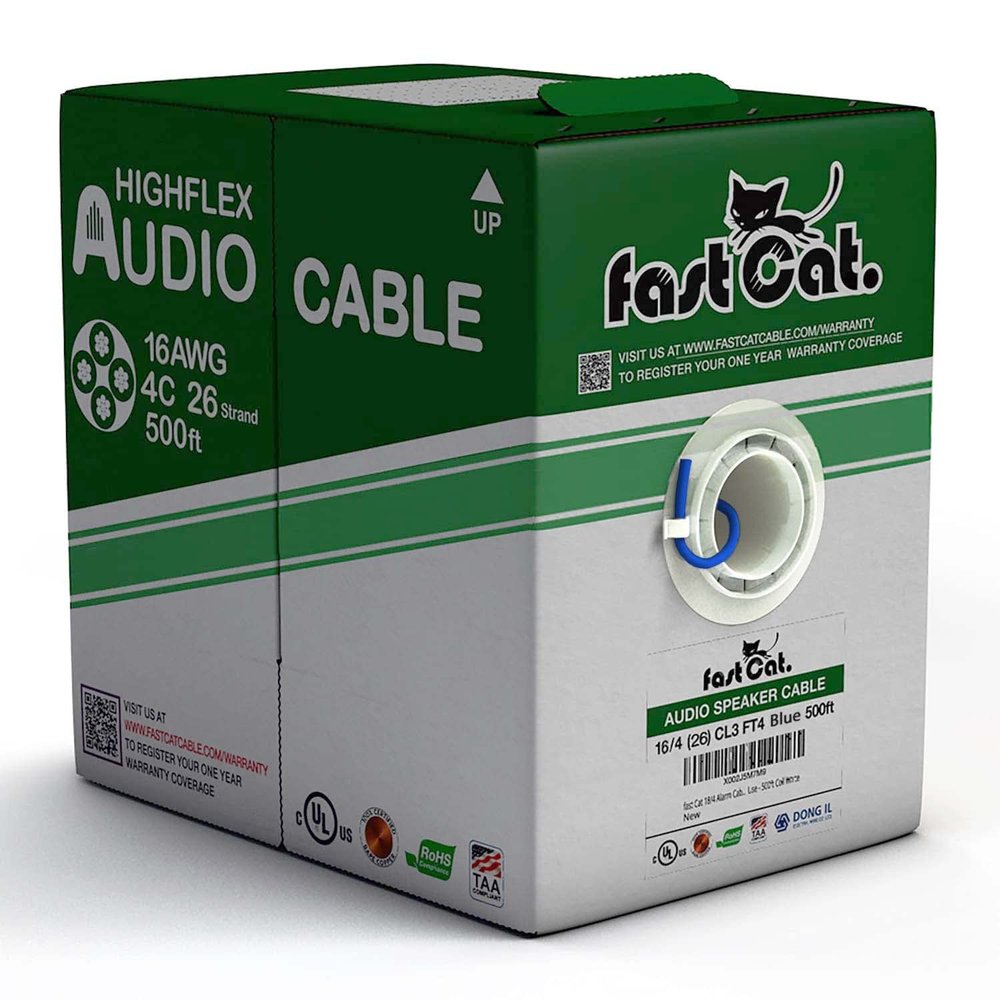 fast Cat. Speaker Wire 16 Guage 4C, UL Listed & CMR/CL3R-FT4 Rated - Speaker Cable w/PVC Jacket, 100% Oxygen-Free Pure Bare Copper - (26) MidFlex 16 Guage Wire - in-Wall Use-500ft Bulk Cable, Blue
