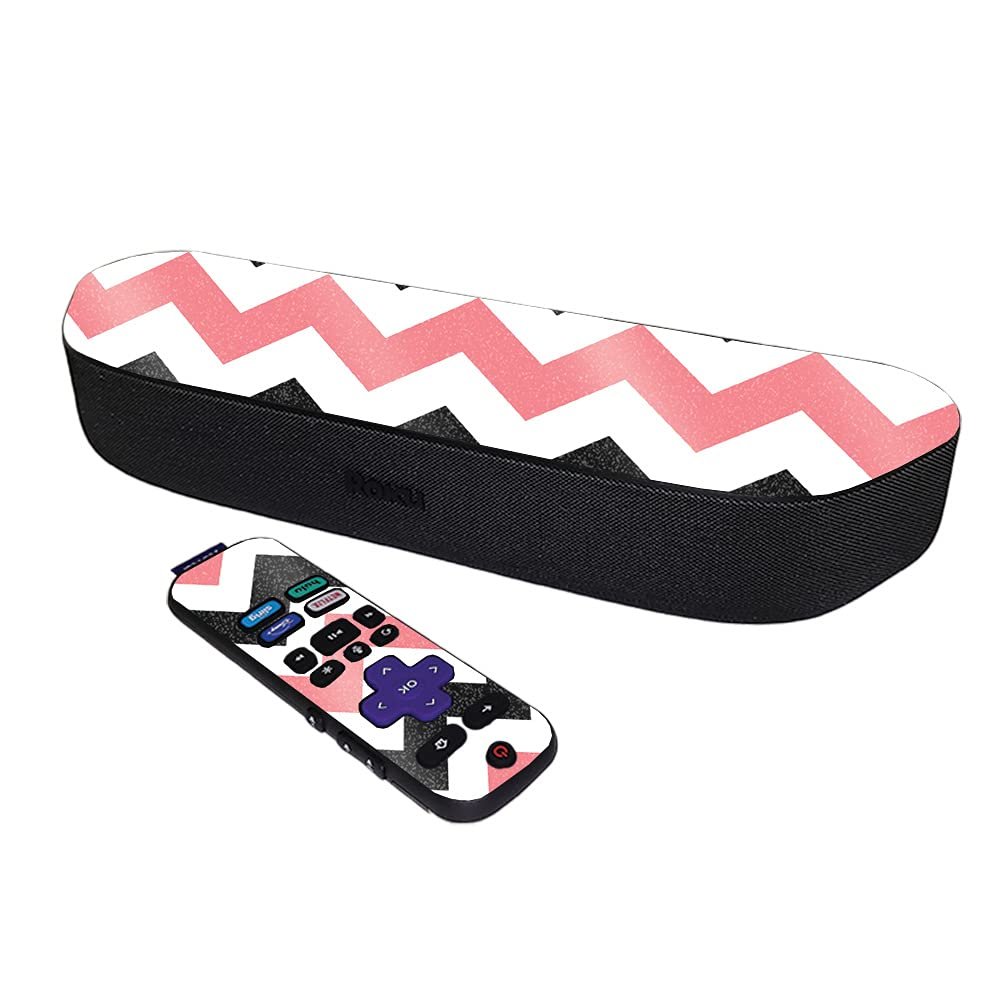 MightySkins Glossy Glitter Skin Compatible with Roku Streambar Media Player (2020) - Black Pink Chevron | Protective, Durable High-Gloss Glitter Finish | Easy to Apply | Made in The USA