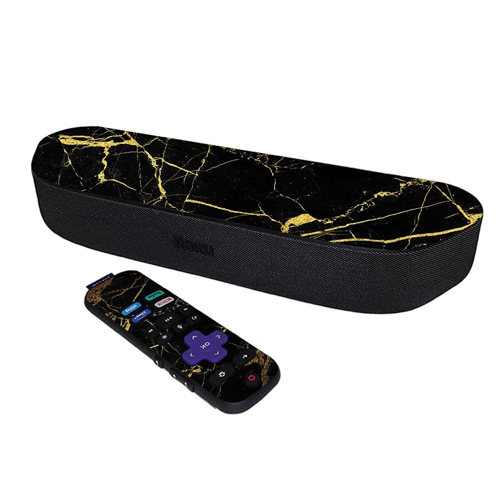 MightySkins Skin Compatible with Roku Streambar Media Player (2020) - Black Gold Marble | Protective, Durable, and Unique Vinyl Decal wrap Cover | Easy to Apply | Made in The USA
