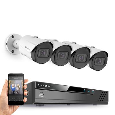 Amcrest 5MP Security Camera System, 4K 8CH PoE NVR, (4) x 5-Megapixel 2.8mm Wide Angle Lens Weatherproof Metal Bullet POE IP Cameras, Hard Drive Not Included, NV4108E-B1186EW4 (White)