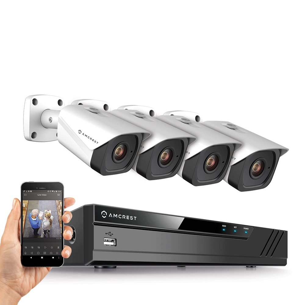 Amcrest 4K Security Camera System w/ 4K (8MP) 8CH PoE NVR, (4) x 4K (8-Megapixel) Bullet POE IP Cameras (3840x2160), 2.8mm Wide Angle Lens, Hard Drive Not Included, NV4108E-2496EW4 (White)