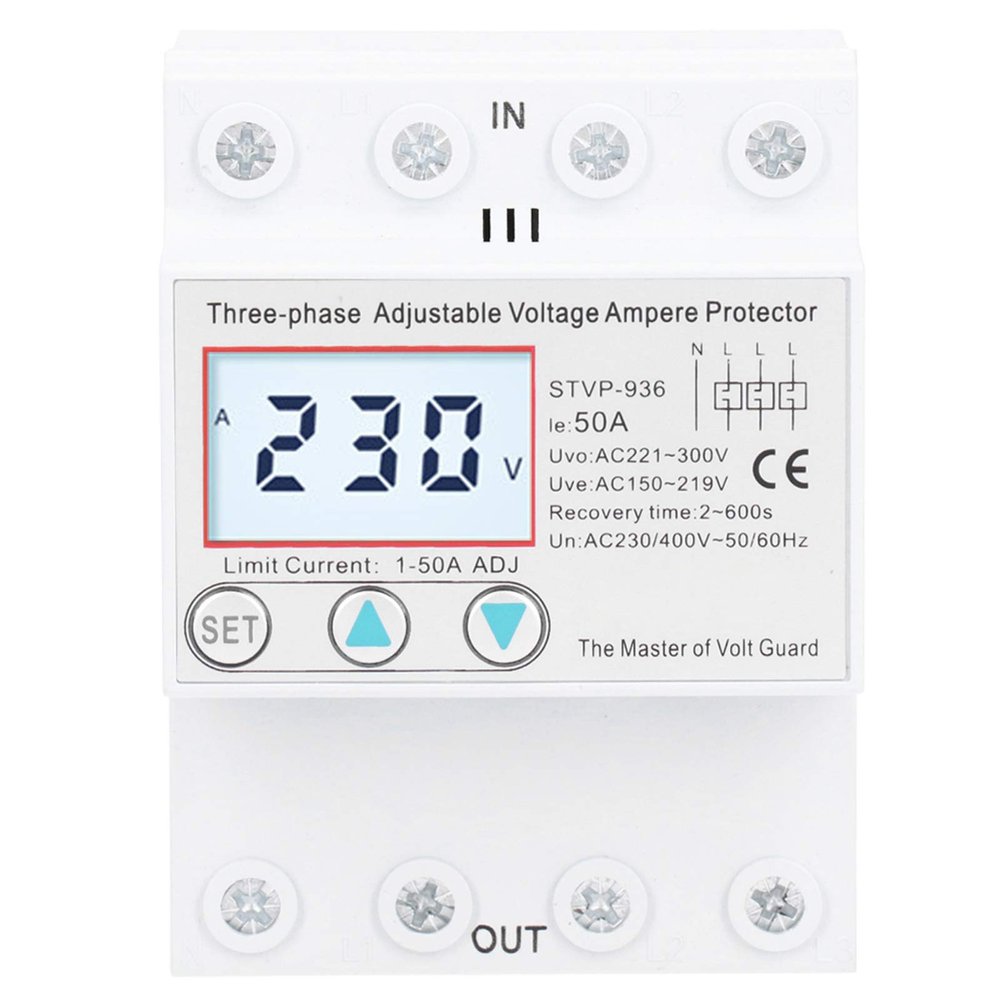 Walfront STVP-936 3-Phase Voltage Protector LCD Adjustable Self-Resetting 230V/400V AC 50A
