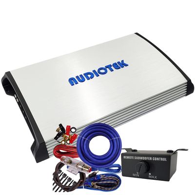 AUDIOTEK AT5000S 2 Channel Stereo Car Amplifier - 5000 Watts, 2 Ohm Stable, LED Indicator, Full Range, Bass Knob Included, Great for Speakers and Subwoofers with 4 Ga Amp Kit Blue Bundle