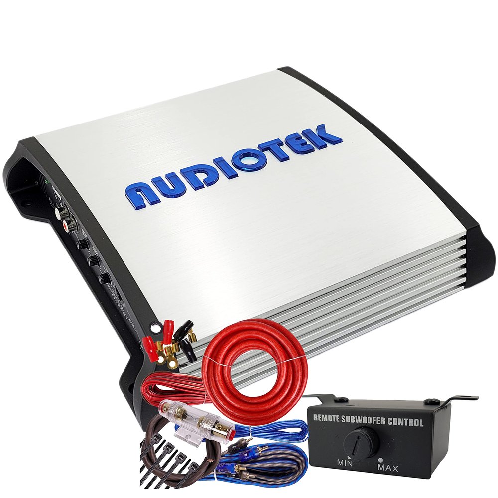 AUDIOTEK AT1800S 2 Channel Stereo Car Amplifier - 1800 Watts, 2 Ohm Stable, LED Indicator, Full Range, Bass Knob Included, Great for Speakers and Subwoofers with 4 Ga Amp Kit Red Bundle