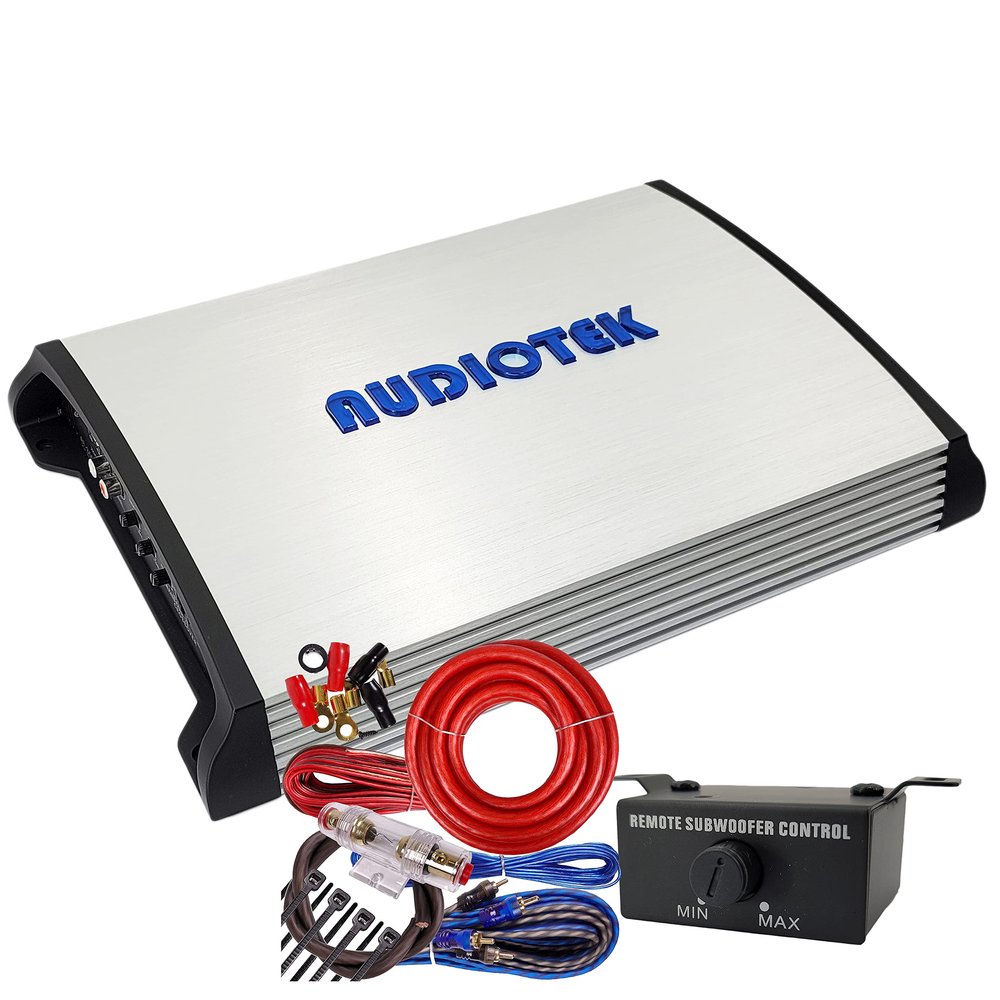 AUDIOTEK AT3500S 2 Channel Stereo Car Amplifier - 3500 Watts, 2 Ohm Stable, LED Indicator, Full Range, Bass Knob Included, Great for Speakers and Subwoofers with 4 Ga Amp Kit Red Bundle