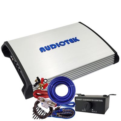 AUDIOTEK AT3500S 2 Channel Stereo Car Amplifier - 3500 Watts, 2 Ohm Stable, LED Indicator, Full Range, Bass Knob Included, Great for Speakers and Subwoofers with 4 Ga Amp Kit Blue Bundle