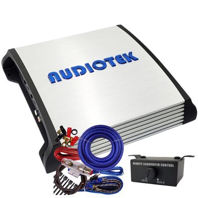 Audiotek AT1600M 1 Channel Monoblock Car Amplifier - 1600 Watts, 2 Ohm Stable, LED Indicator, Bass Knob Included, Mosfet Power Supply, Great for Subwoofers with 4 Ga Amp Kit Blue Bundle