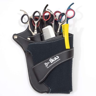 IKAS Scissor Holster - Black PU Leather Shear Holder for Hairdressers, Barbers & Pet Groomers - Waist/Shoulder Belt Shear Holder