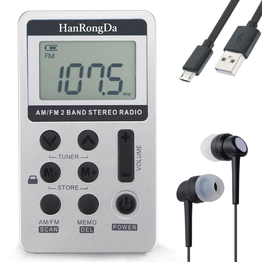 HanRongDa Portable Radio AM/FM Receiver with Excellent Reception and Stereo Sound, Pocket Radios with 58 Preset Stations, Built-in 500mAh Battery for Walking, Jogging, Mowing and Traveling HRD-103