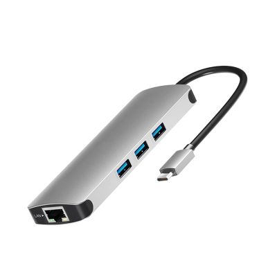 QAZWSXED LESANGBAIHUODIAN 9 in 1 USB C Hub Type C 3 USB 3.0 HDMI Compatible TF Card PD RJ45 AUX Adapter HDMI Reader Charger Station Splitter (Color : Silver)