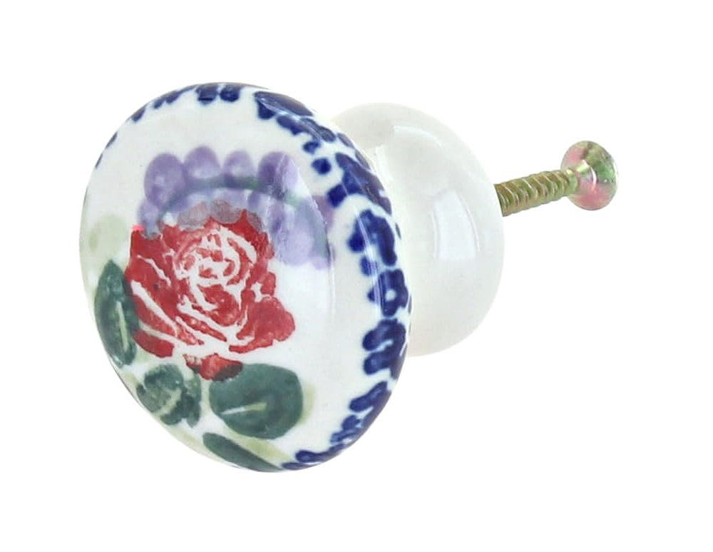 Blue Rose Polish Pottery - Roses are Red Drawer Pull - 1.25" Long - Ceramic Cabinet Knob, Decorative Hardware for Dressers, Cabinets & Furniture