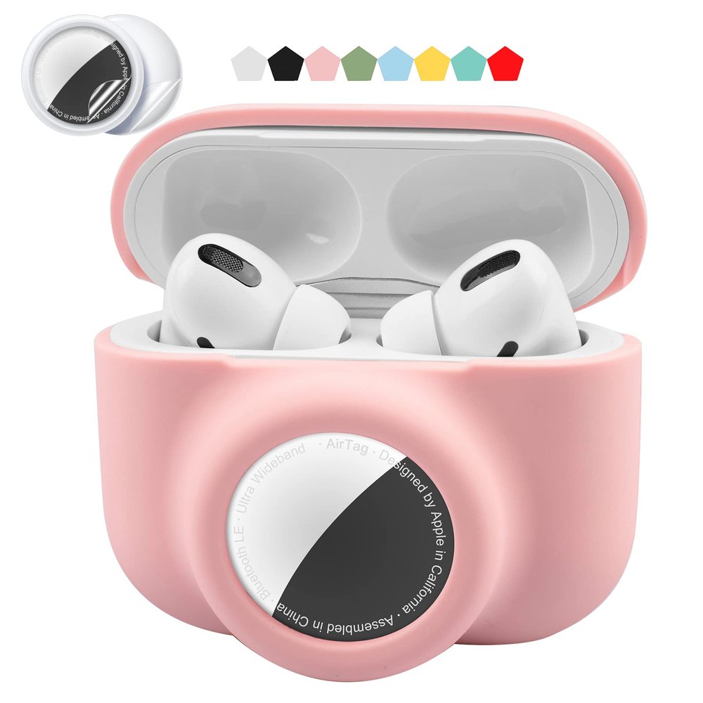 2 in 1 Protective Case Compatible with Apple Airpods Pro 2nd/1st Generation & Airtag Case Combo, Soft Silicone Protective Cover for Women Men with 2 PCS Screen Protector, Shock-Proof(Pink)