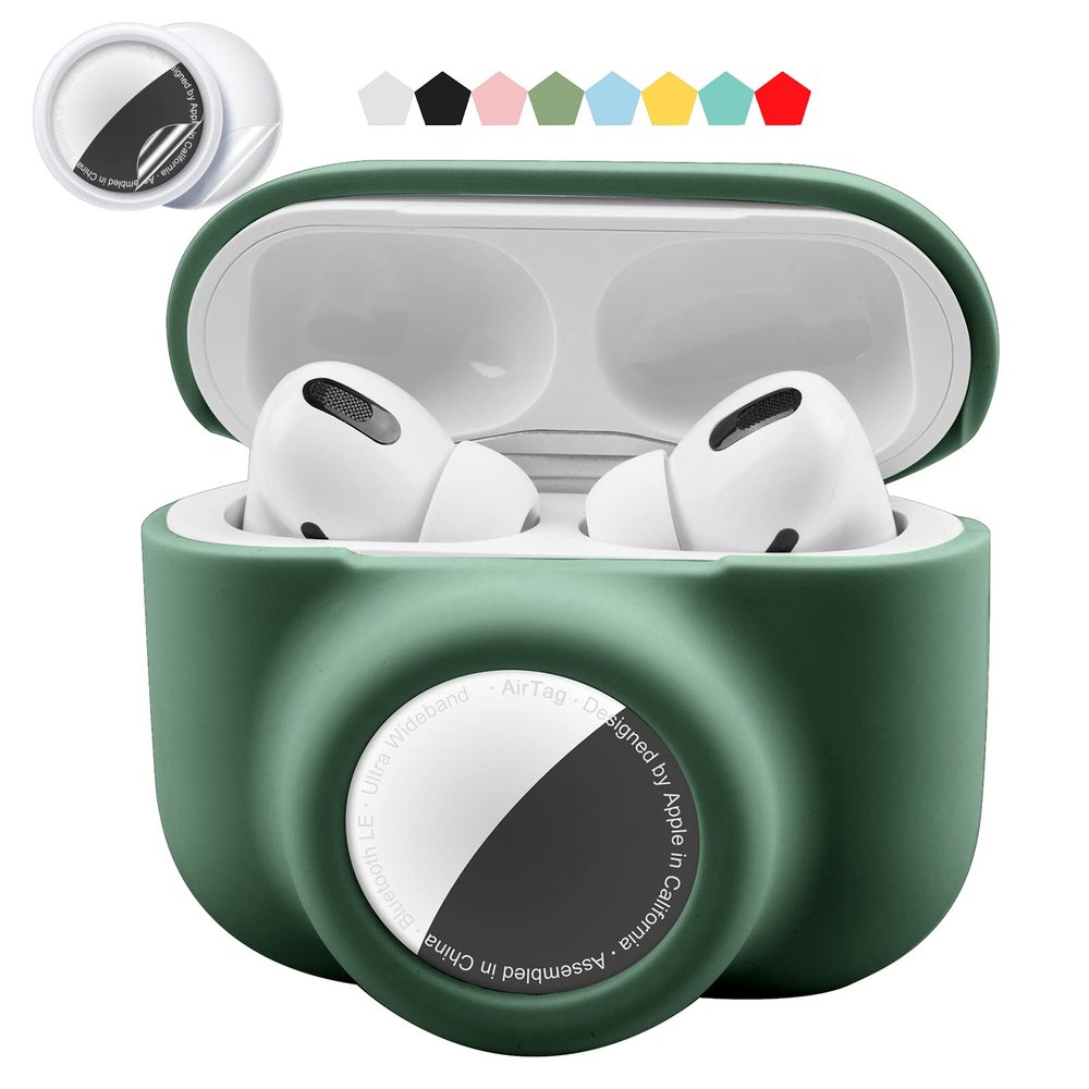 2 in 1 Protective Case Compatible with Apple Airpods Pro 2nd/1st Generation & Airtag Case Combo, Soft Silicone Protective Cover for Women Men with 2 PCS Screen Protector, Shock-Proof(Blackish Green)